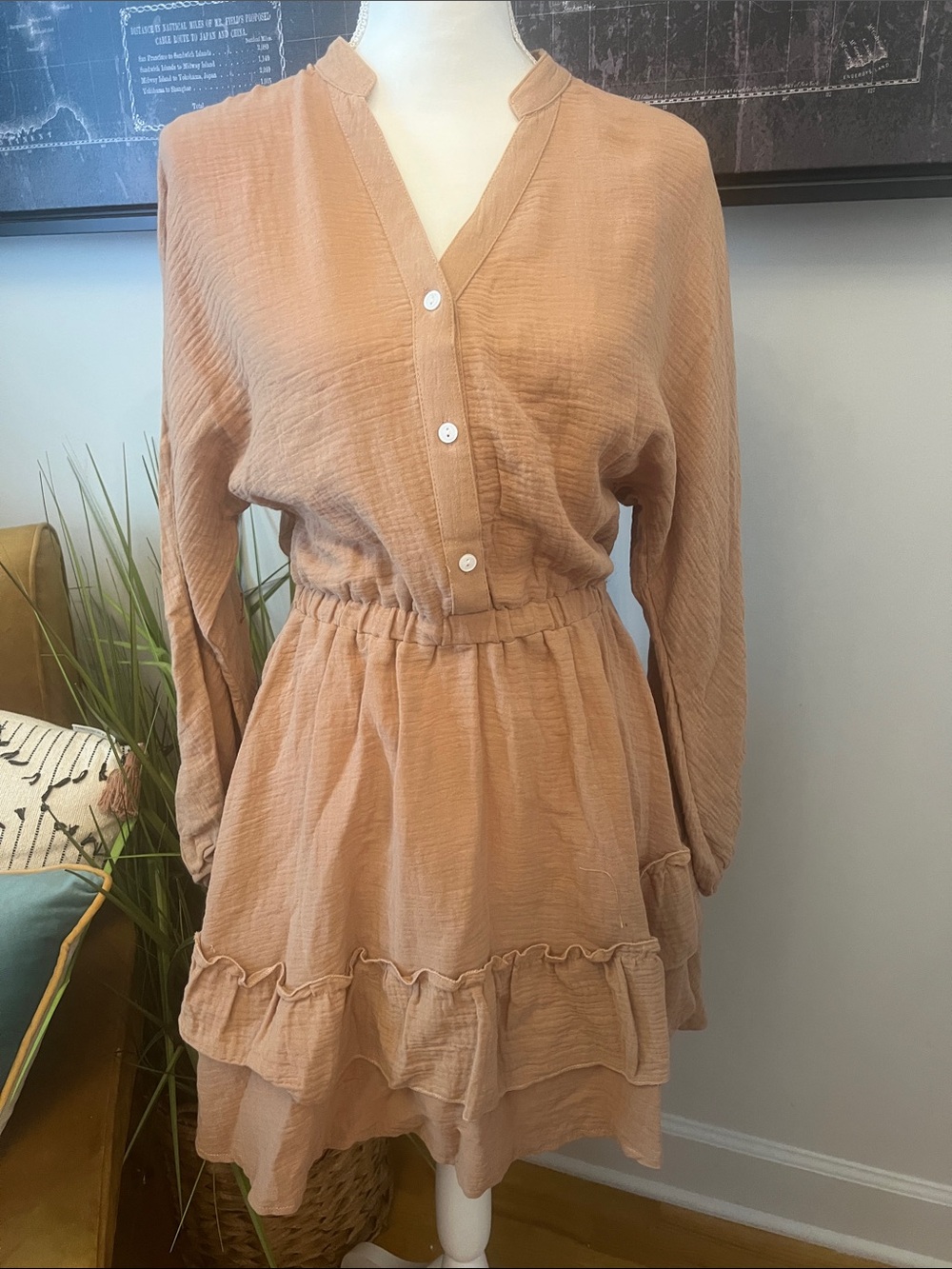 Brown khaki Gauze Tiered Button Front Dress